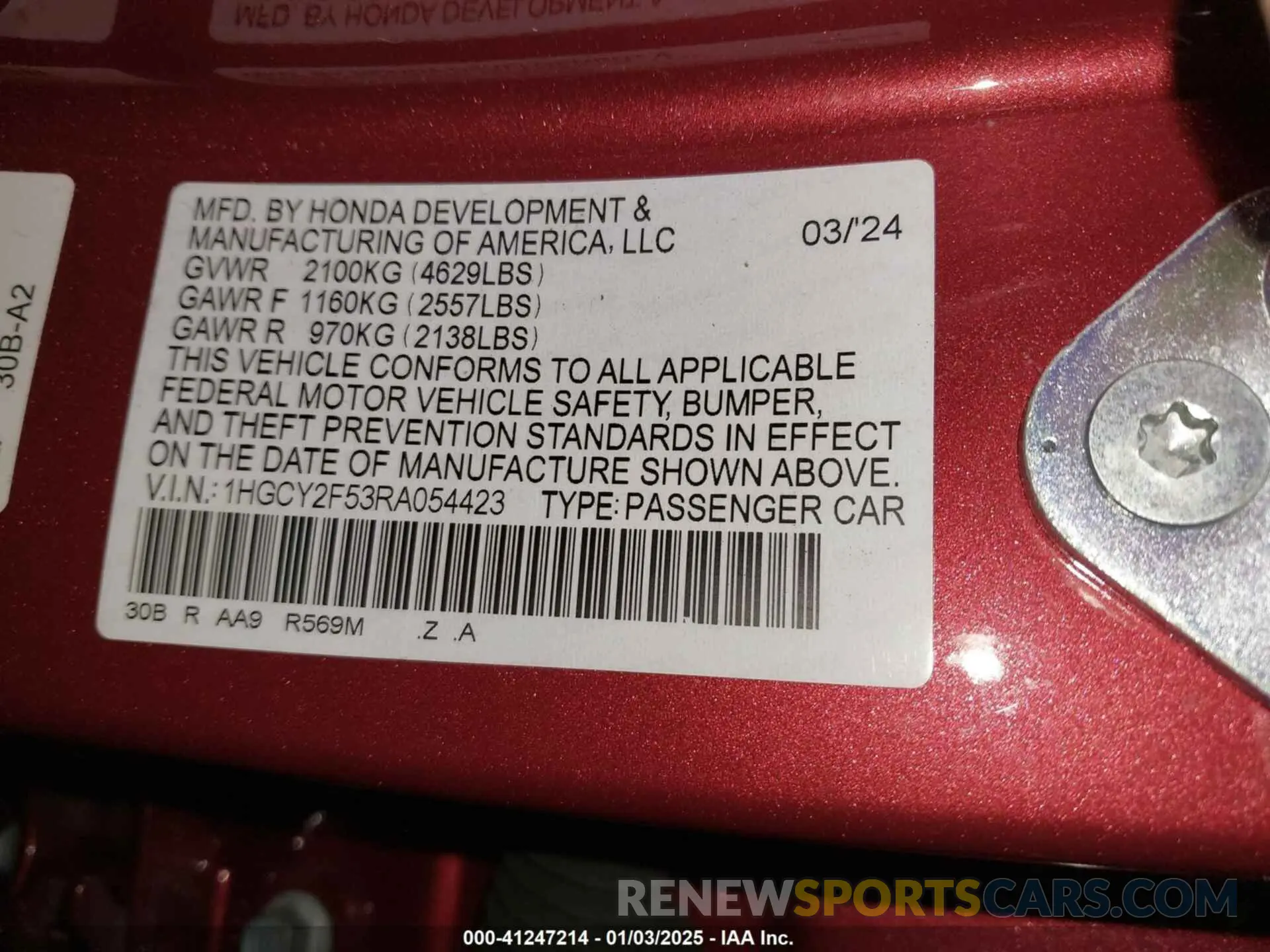 9 fotografías del automóvil dañado 1HGCY2F53RA054423 HONDA ACCORD 2024