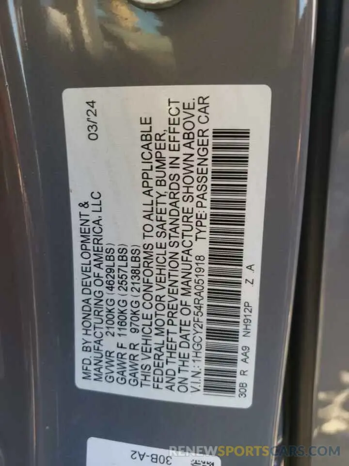 13 fotografías del automóvil dañado 1HGCY2F54RA051918 HONDA ACCORD 2024