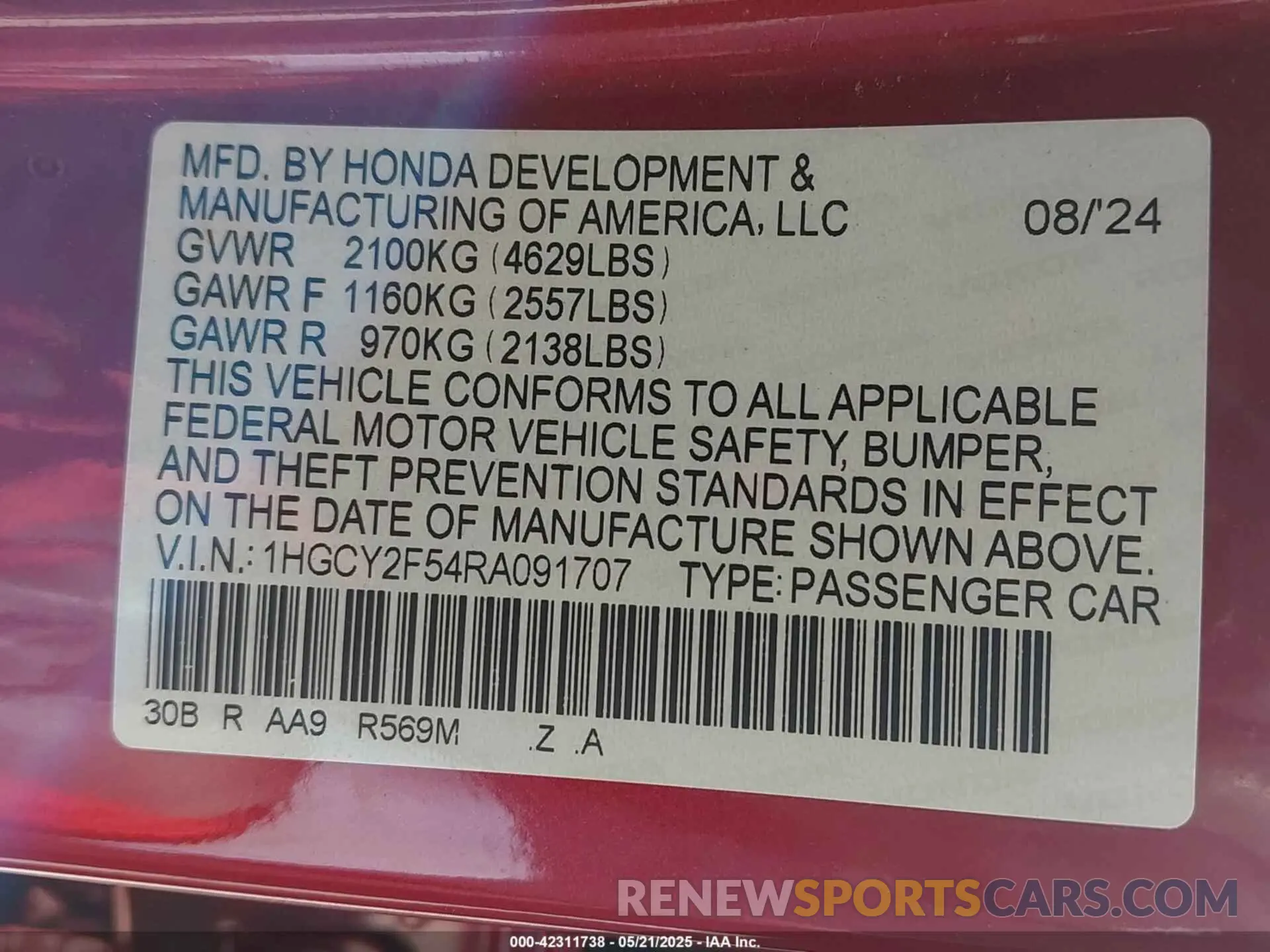 9 fotografías del automóvil dañado 1HGCY2F54RA091707 HONDA ACCORD 2024
