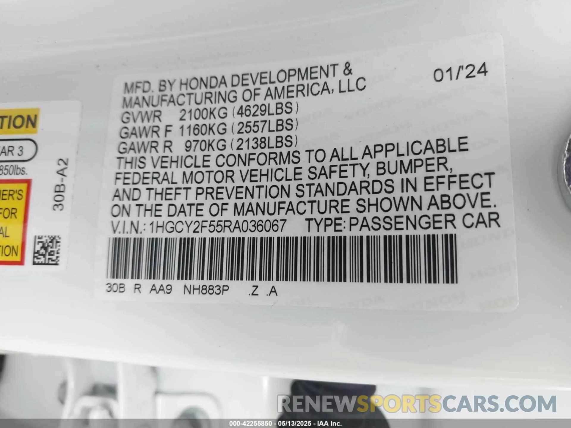 9 fotografías del automóvil dañado 1HGCY2F55RA036067 HONDA ACCORD 2024