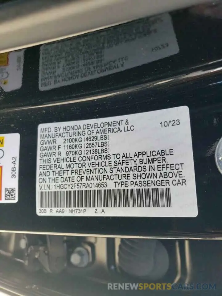 14 fotografías del automóvil dañado 1HGCY2F57RA014653 HONDA ACCORD 2024