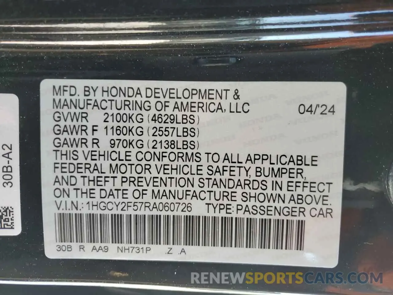 14 fotografías del automóvil dañado 1HGCY2F57RA060726 HONDA ACCORD 2024