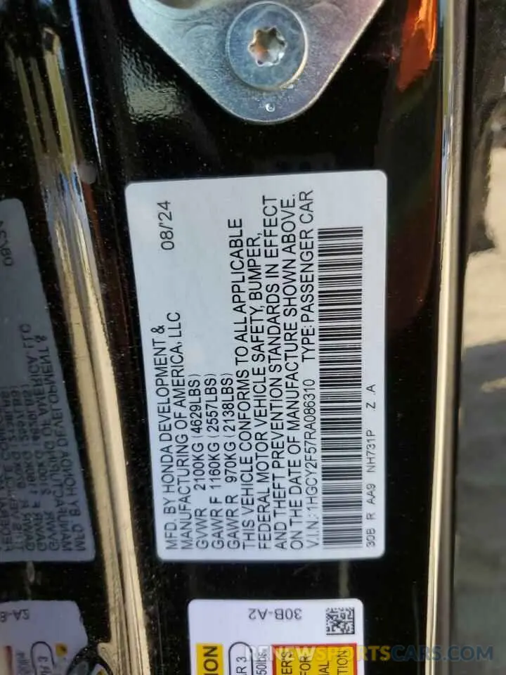 14 fotografías del automóvil dañado 1HGCY2F57RA086310 HONDA ACCORD 2024