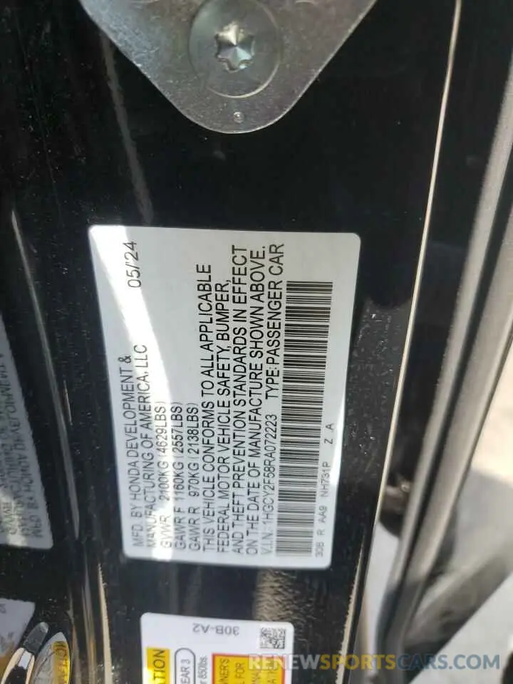 14 fotografías del automóvil dañado 1HGCY2F58RA072223 HONDA ACCORD 2024