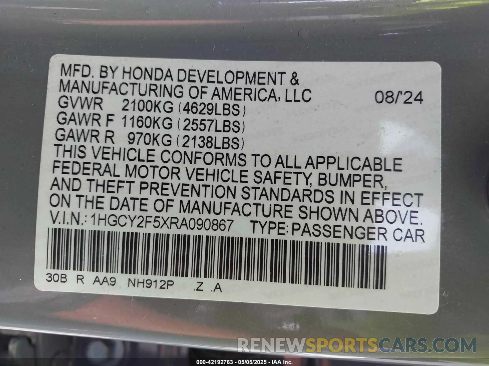 9 fotografías del automóvil dañado 1HGCY2F5XRA090867 HONDA ACCORD 2024
