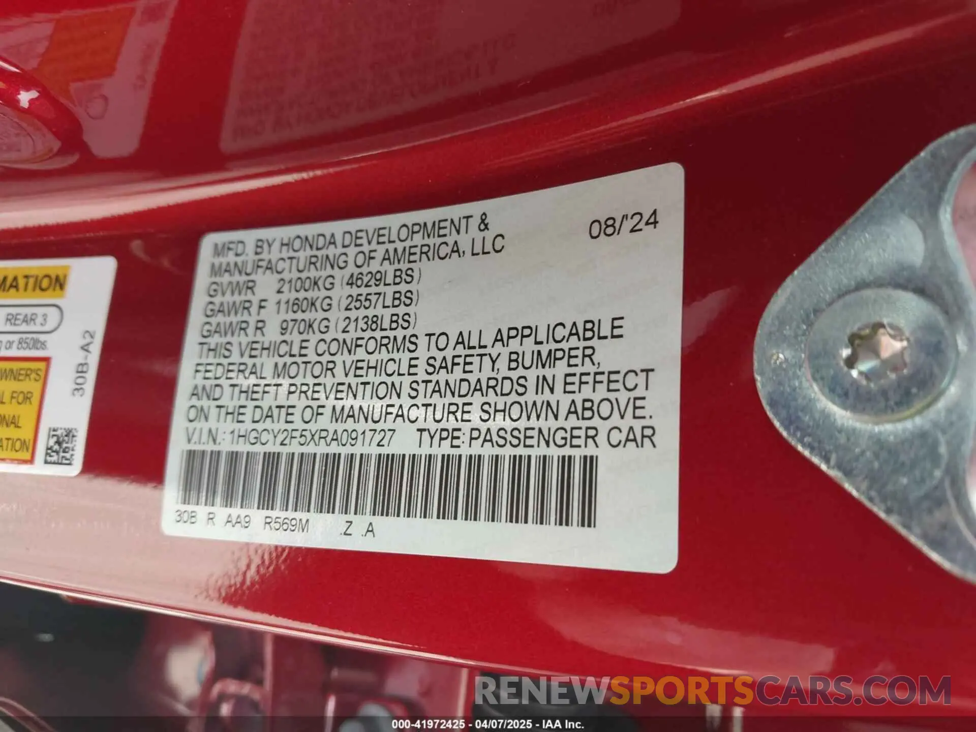 9 fotografías del automóvil dañado 1HGCY2F5XRA091727 HONDA ACCORD 2024