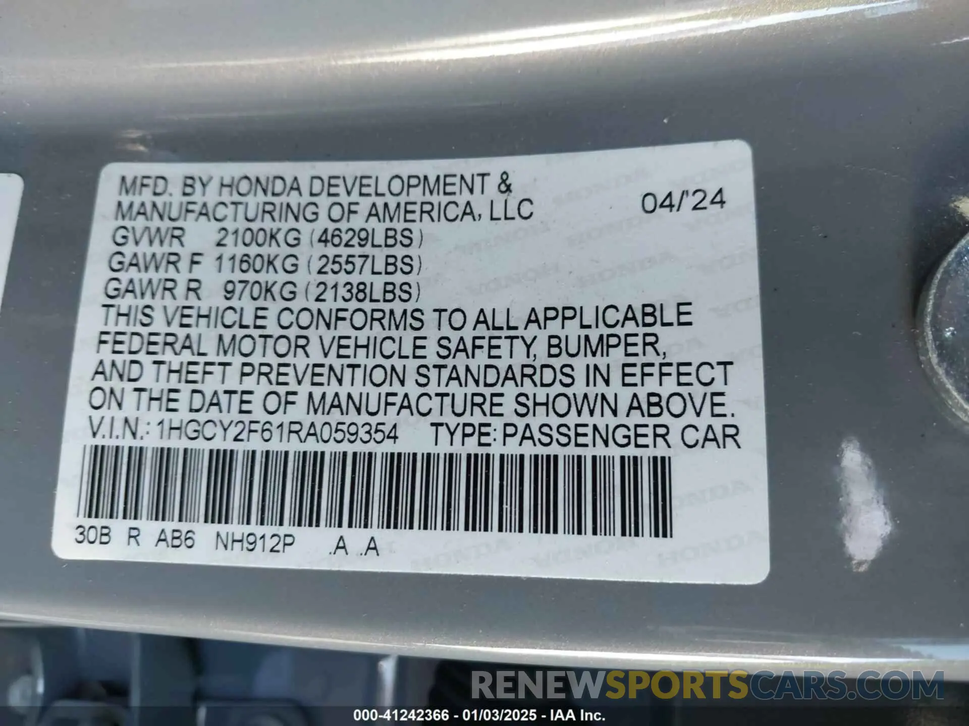 9 fotografías del automóvil dañado 1HGCY2F61RA059354 HONDA ACCORD 2024