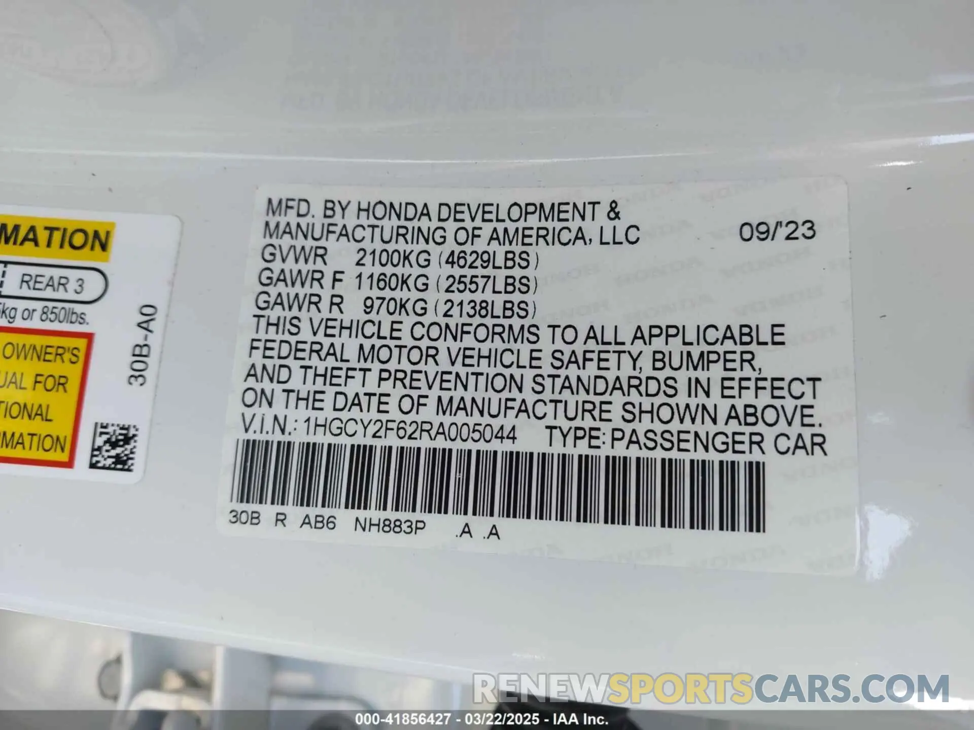 9 fotografías del automóvil dañado 1HGCY2F62RA005044 HONDA ACCORD 2024