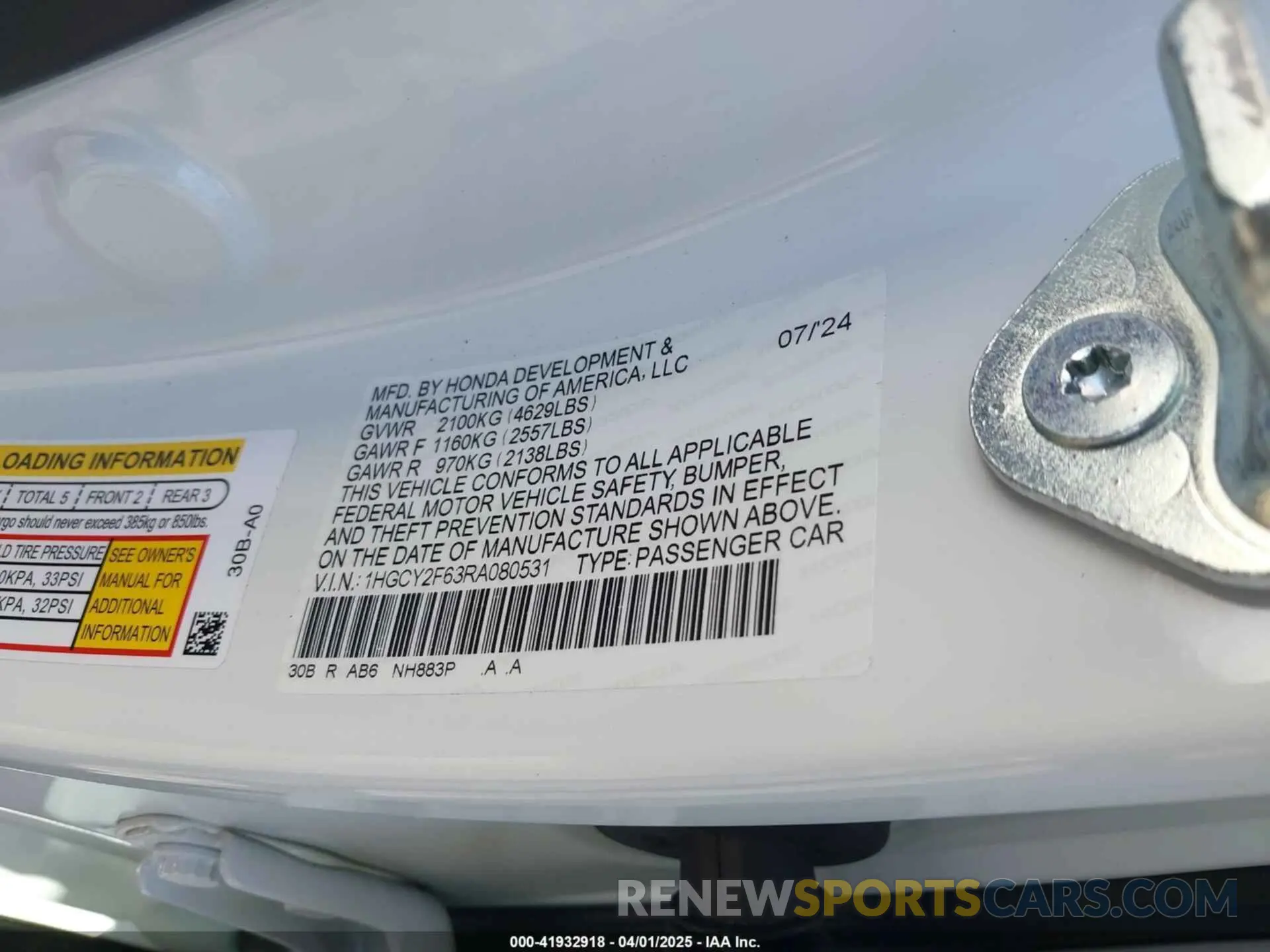 9 fotografías del automóvil dañado 1HGCY2F63RA080531 HONDA ACCORD 2024