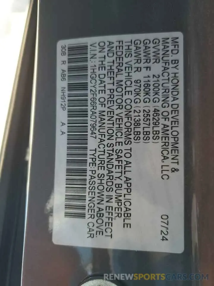 14 fotografías del automóvil dañado 1HGCY2F66RA079647 HONDA ACCORD 2024