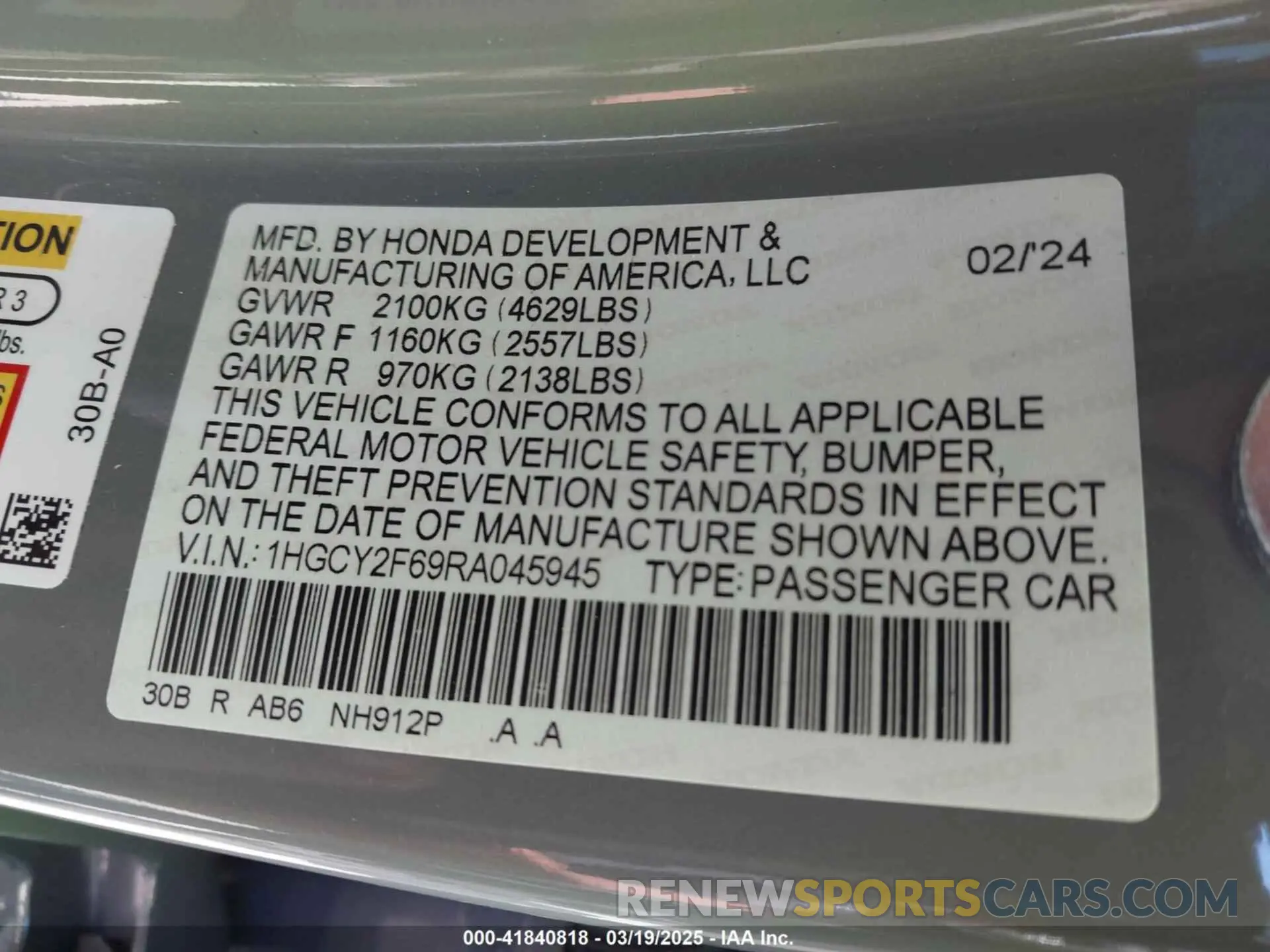 9 fotografías del automóvil dañado 1HGCY2F69RA045945 HONDA ACCORD 2024