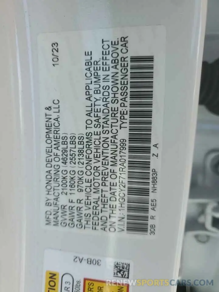 12 fotografías del automóvil dañado 1HGCY2F71RA017999 HONDA ACCORD 2024