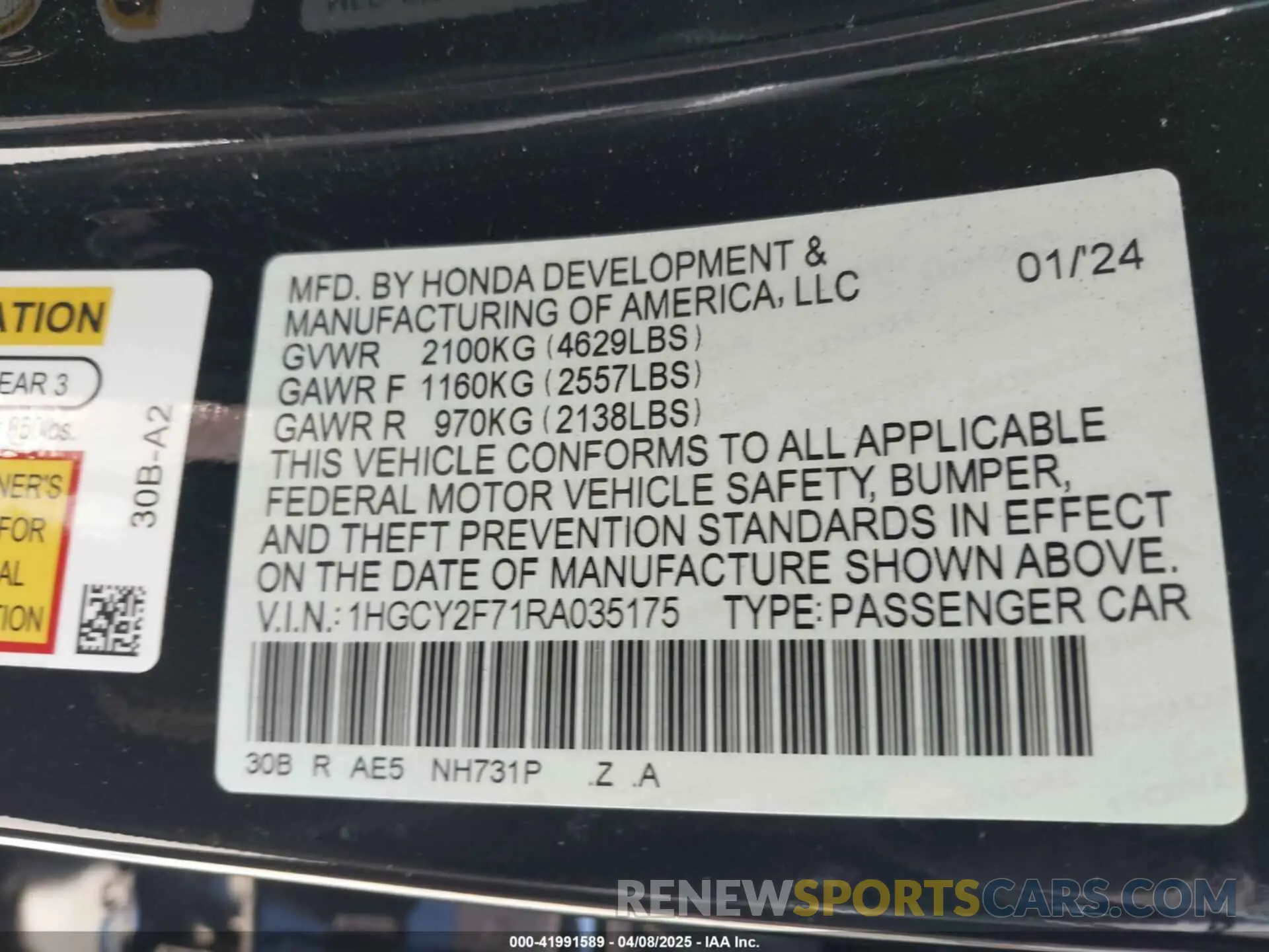 9 fotografías del automóvil dañado 1HGCY2F71RA035175 HONDA ACCORD 2024