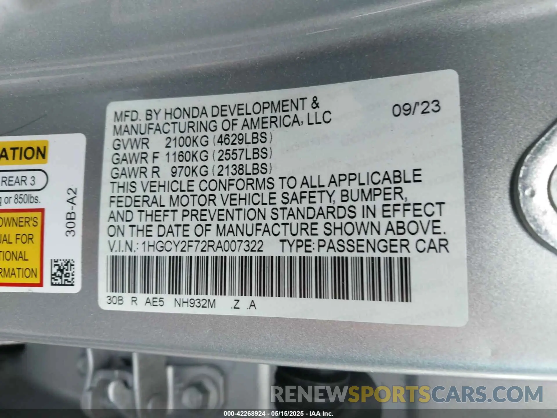 9 fotografías del automóvil dañado 1HGCY2F72RA007322 HONDA ACCORD 2024