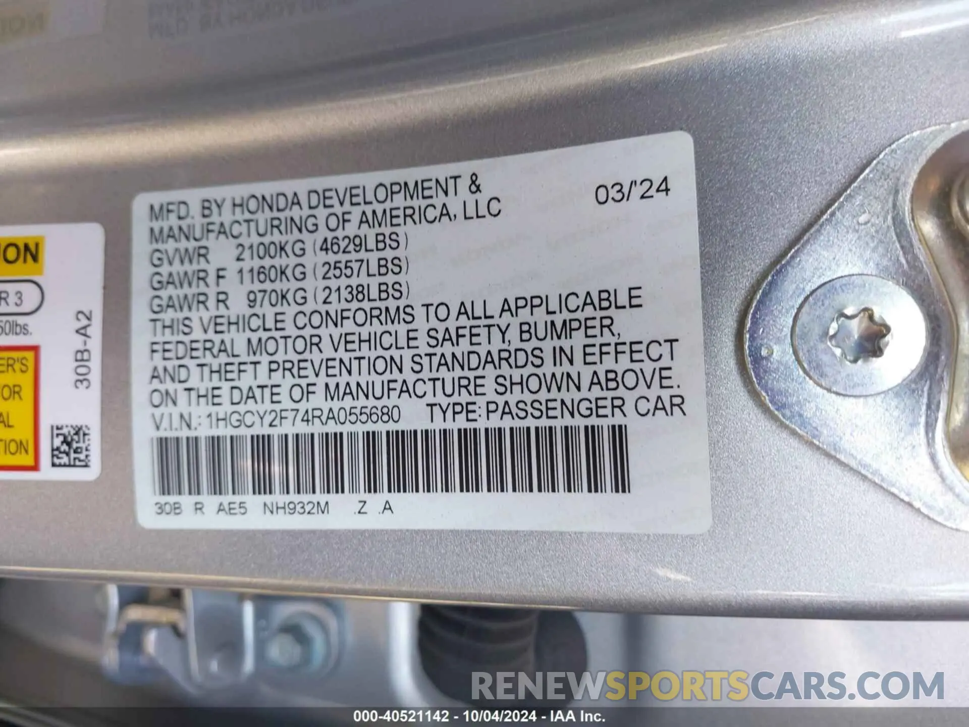 9 fotografías del automóvil dañado 1HGCY2F74RA055680 HONDA ACCORD 2024