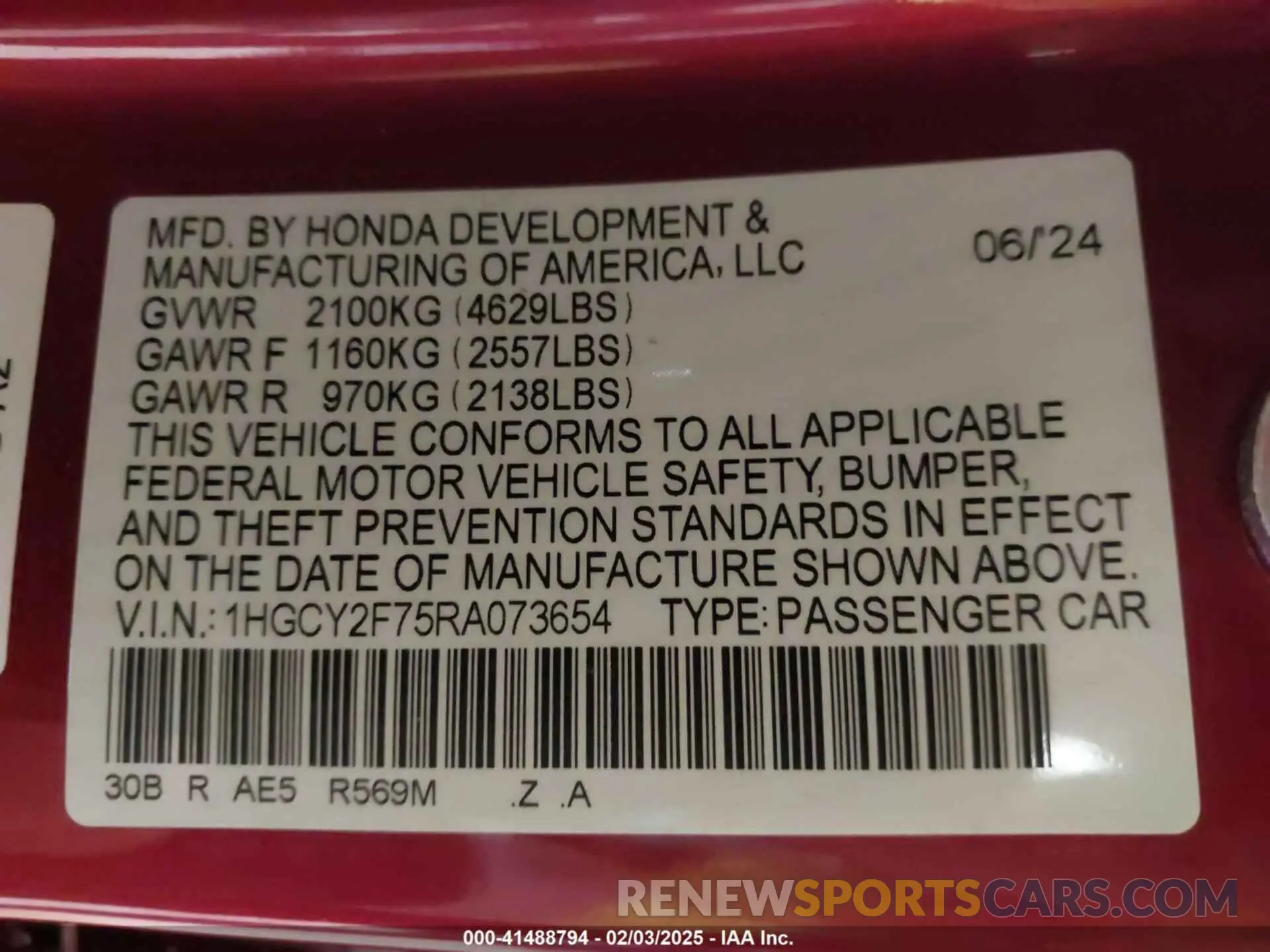 9 fotografías del automóvil dañado 1HGCY2F75RA073654 HONDA ACCORD 2024