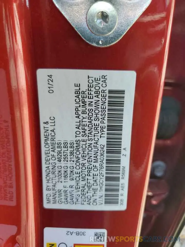 13 fotografías del automóvil dañado 1HGCY2F76RA036242 HONDA ACCORD 2024