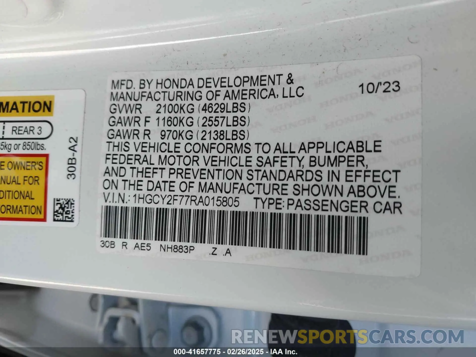 9 fotografías del automóvil dañado 1HGCY2F77RA015805 HONDA ACCORD 2024