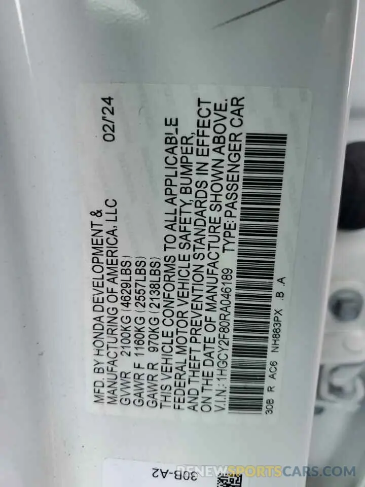13 fotografías del automóvil dañado 1HGCY2F80RA046189 HONDA ACCORD 2024