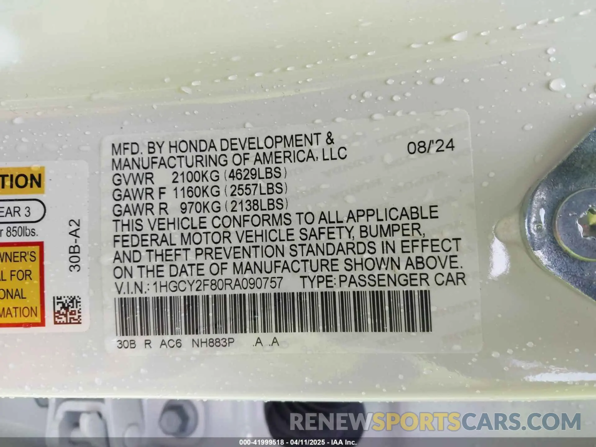 9 fotografías del automóvil dañado 1HGCY2F80RA090757 HONDA ACCORD 2024