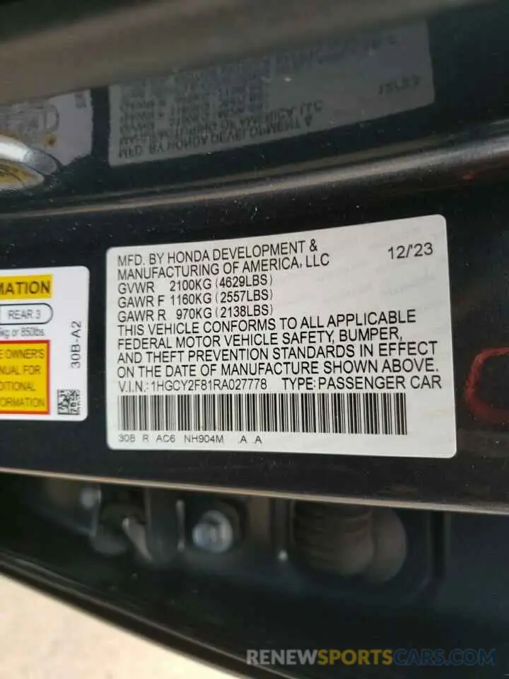 14 fotografías del automóvil dañado 1HGCY2F81RA027778 HONDA ACCORD 2024