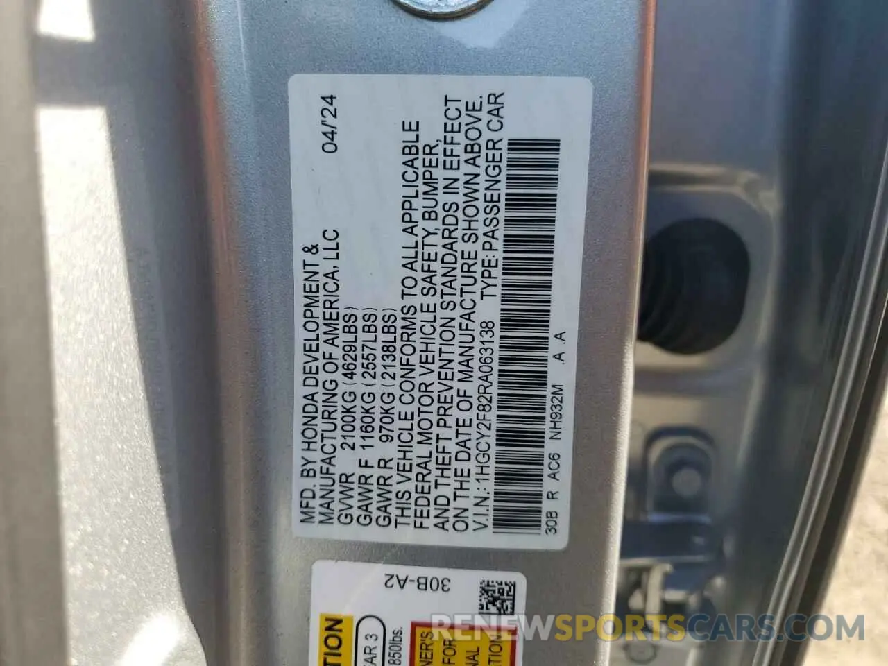 12 fotografías del automóvil dañado 1HGCY2F82RA063138 HONDA ACCORD 2024