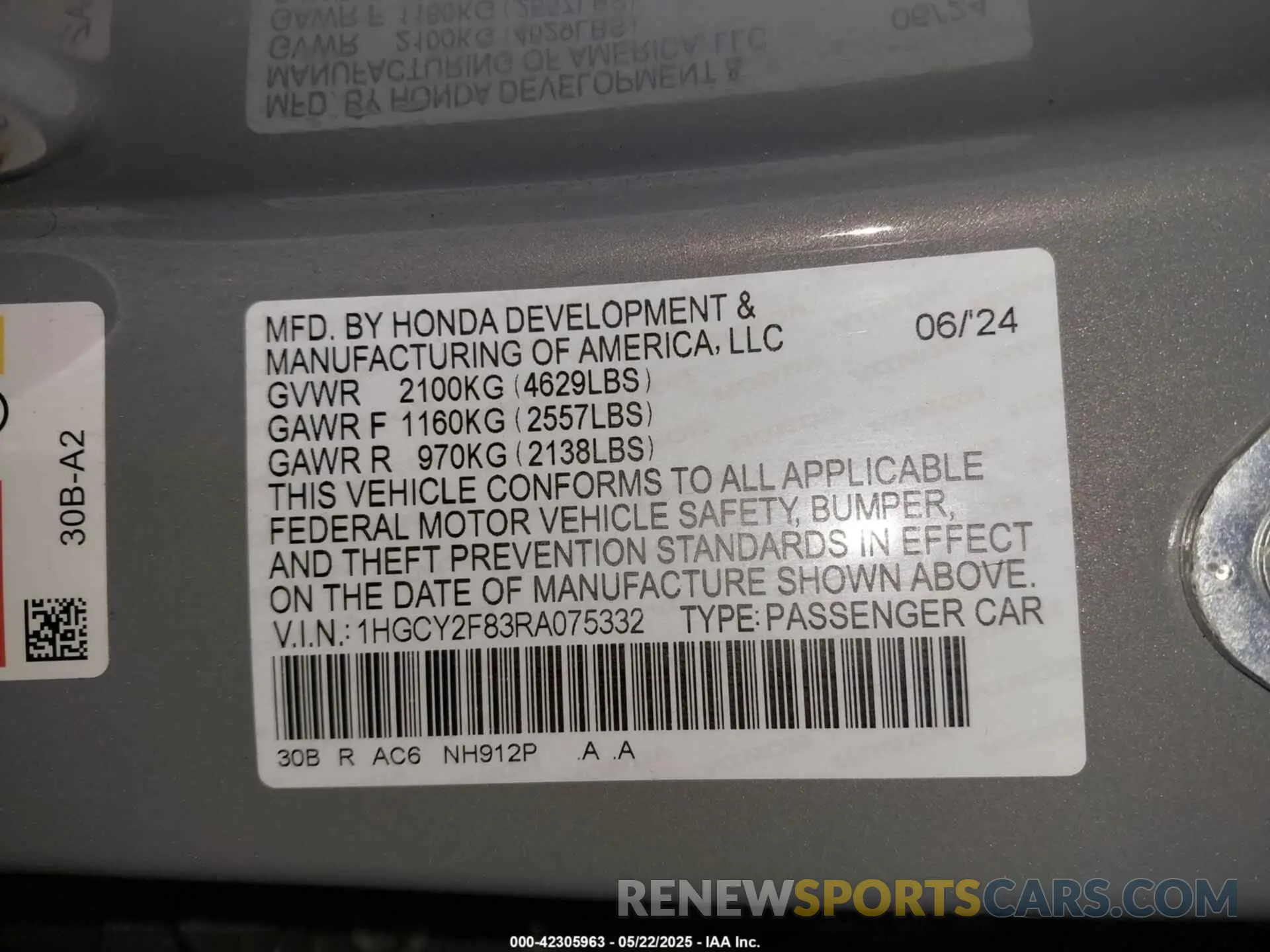 9 fotografías del automóvil dañado 1HGCY2F83RA075332 HONDA ACCORD 2024
