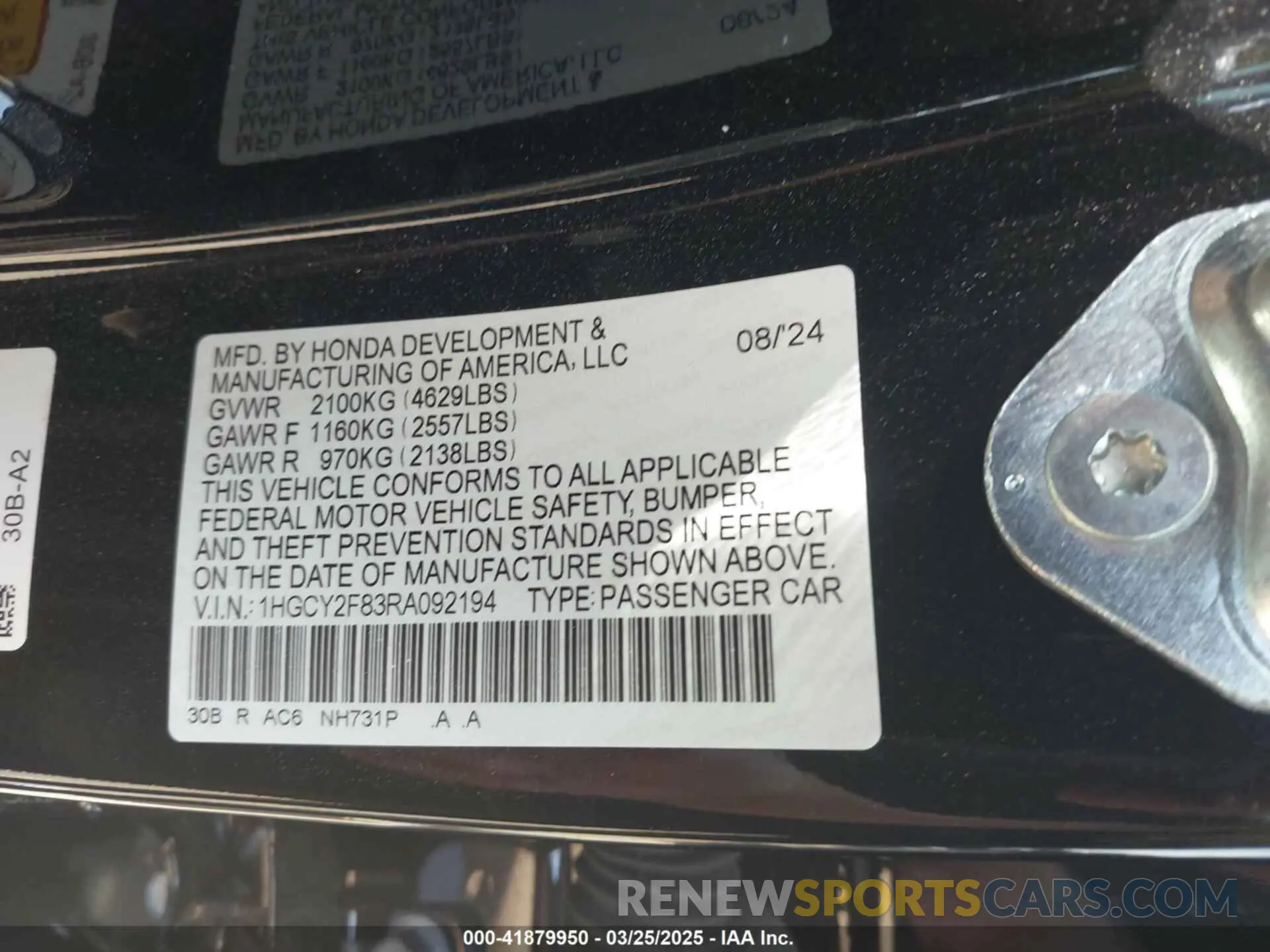 9 fotografías del automóvil dañado 1HGCY2F83RA092194 HONDA ACCORD 2024