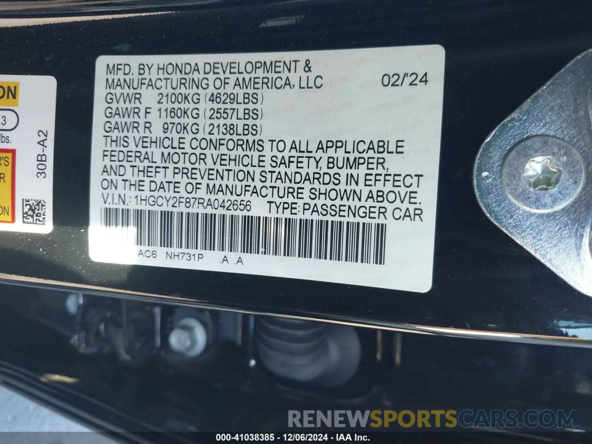 9 fotografías del automóvil dañado 1HGCY2F87RA042656 HONDA ACCORD 2024