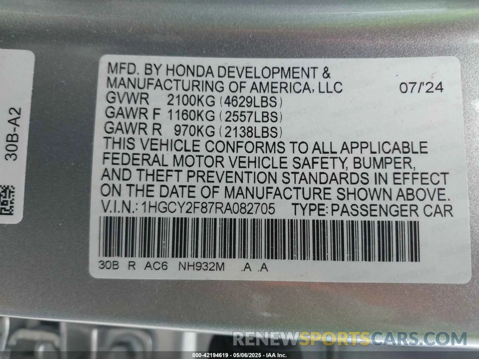 9 fotografías del automóvil dañado 1HGCY2F87RA082705 HONDA ACCORD 2024