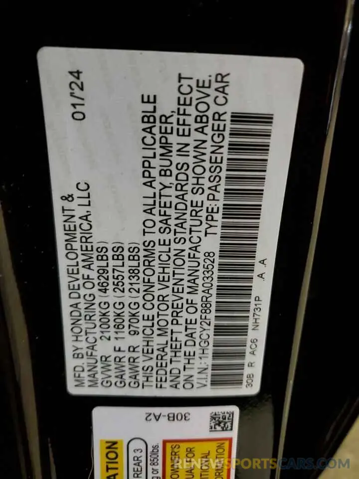 12 fotografías del automóvil dañado 1HGCY2F88RA033528 HONDA ACCORD 2024