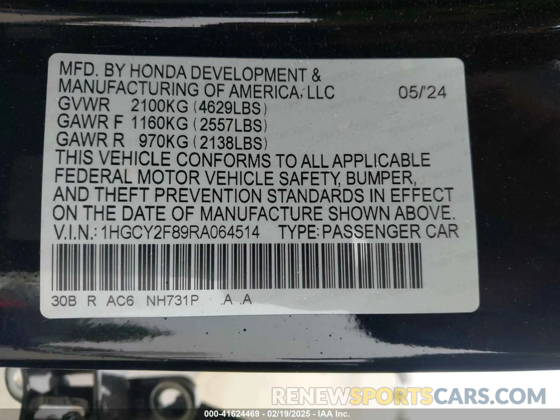 9 fotografías del automóvil dañado 1HGCY2F89RA064514 HONDA ACCORD 2024