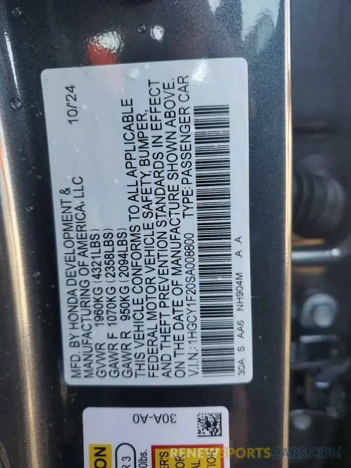 14 fotografías del automóvil dañado 1HGCY1F20SA008800 HONDA ACCORD 2025
