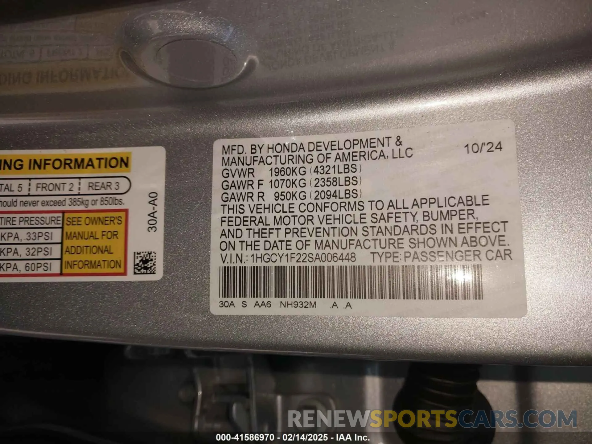 9 fotografías del automóvil dañado 1HGCY1F22SA006448 HONDA ACCORD 2025