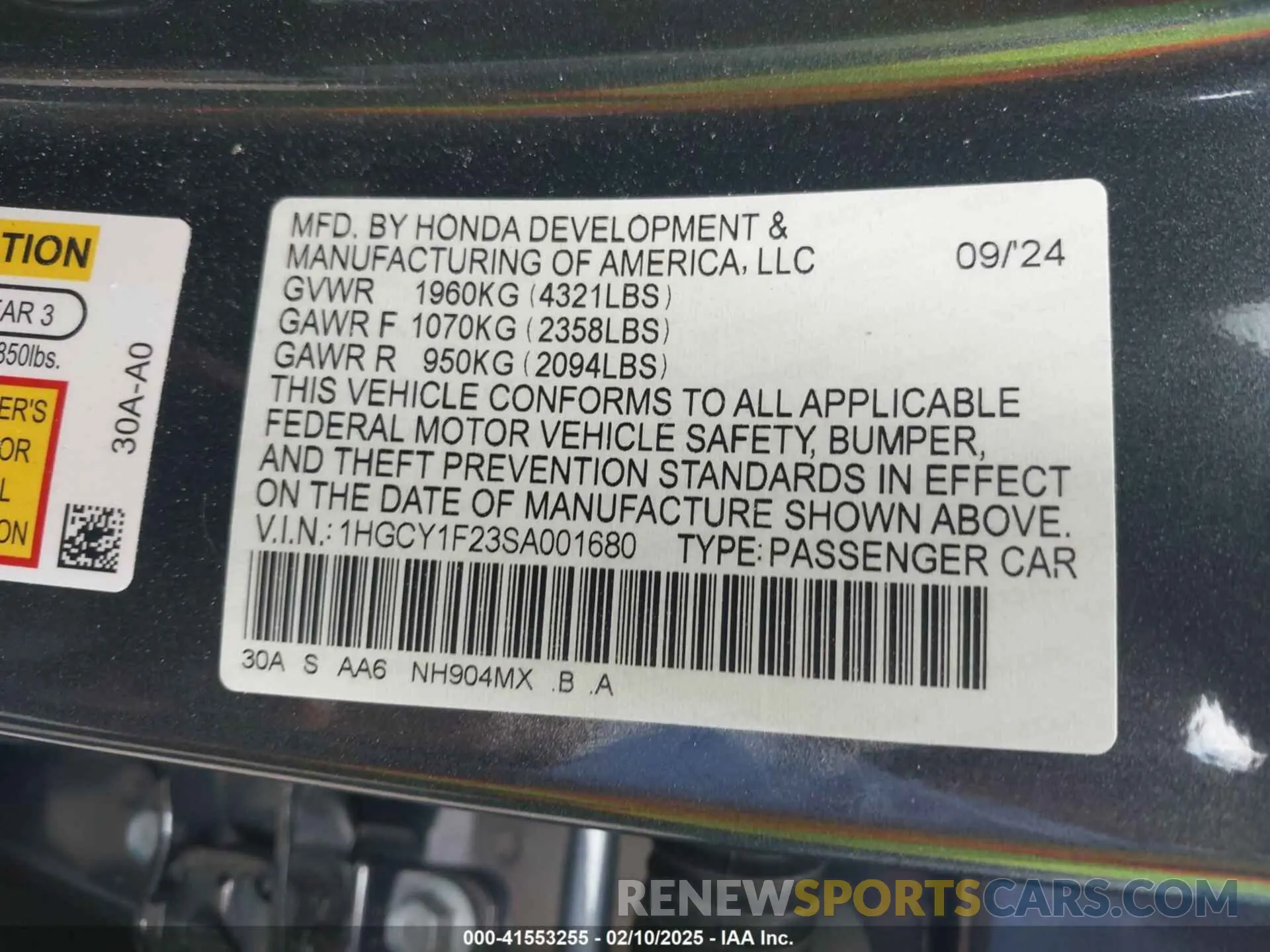 9 fotografías del automóvil dañado 1HGCY1F23SA001680 HONDA ACCORD 2025