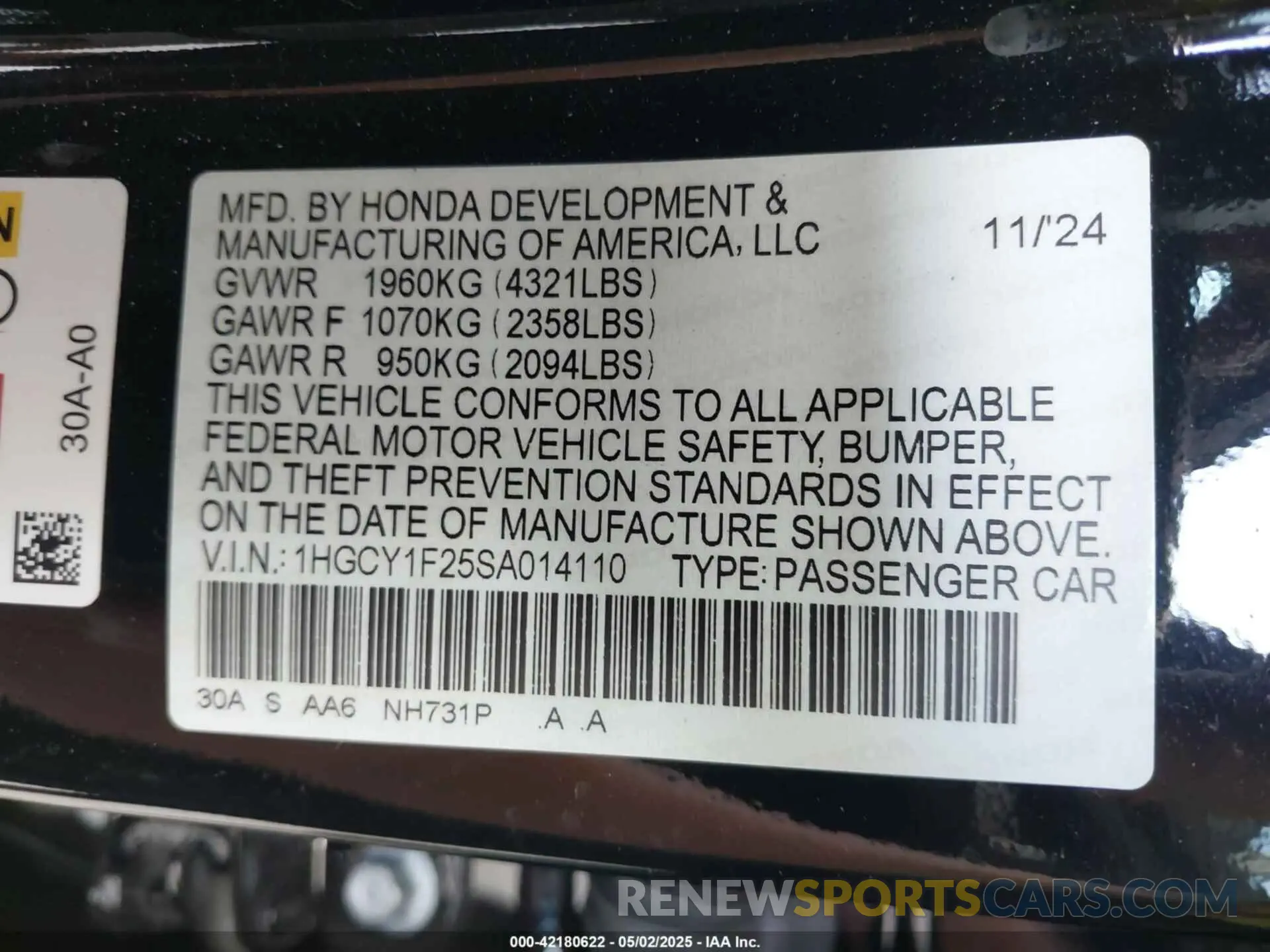 9 fotografías del automóvil dañado 1HGCY1F25SA014110 HONDA ACCORD 2025