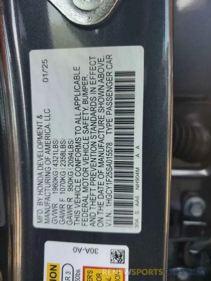 14 fotografías del automóvil dañado 1HGCY1F25SA015578 HONDA ACCORD 2025