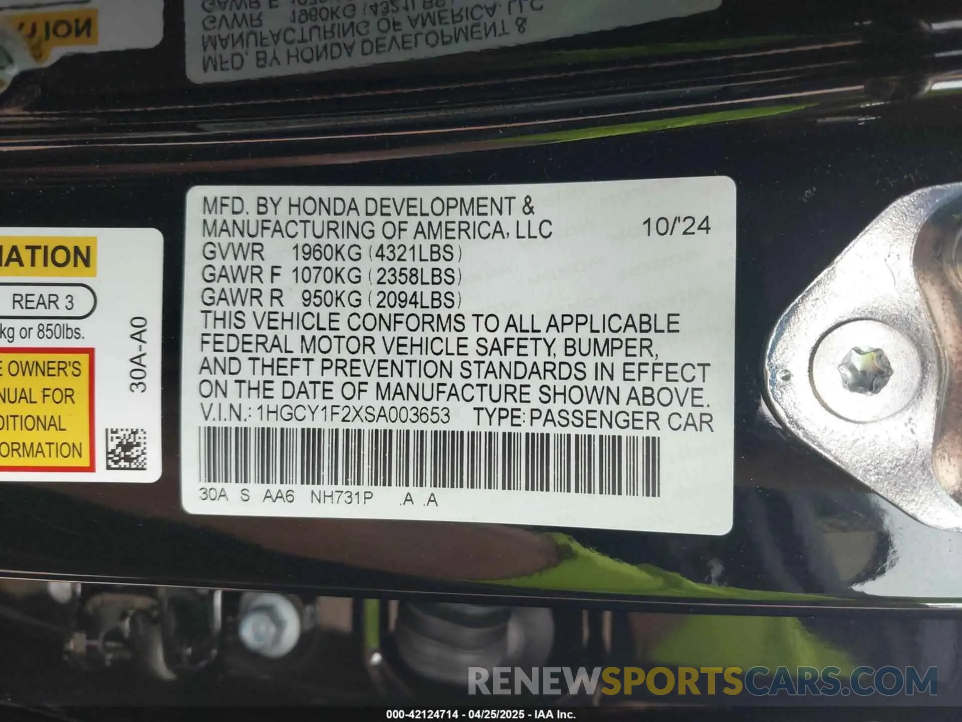 9 fotografías del automóvil dañado 1HGCY1F2XSA003653 HONDA ACCORD 2025
