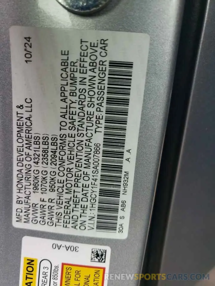 12 fotografías del automóvil dañado 1HGCY1F41SA007866 HONDA ACCORD 2025