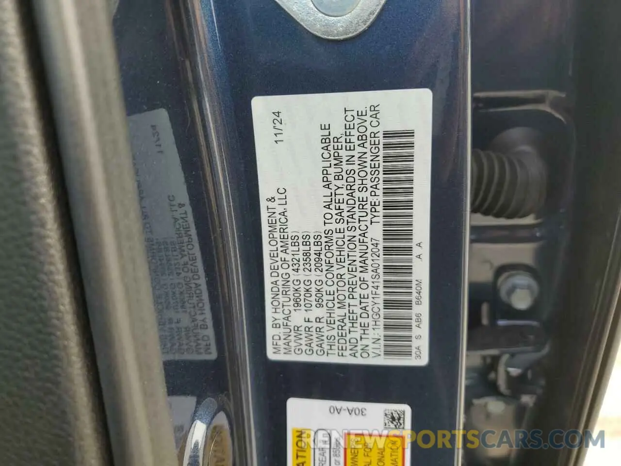 14 fotografías del automóvil dañado 1HGCY1F41SA012047 HONDA ACCORD 2025