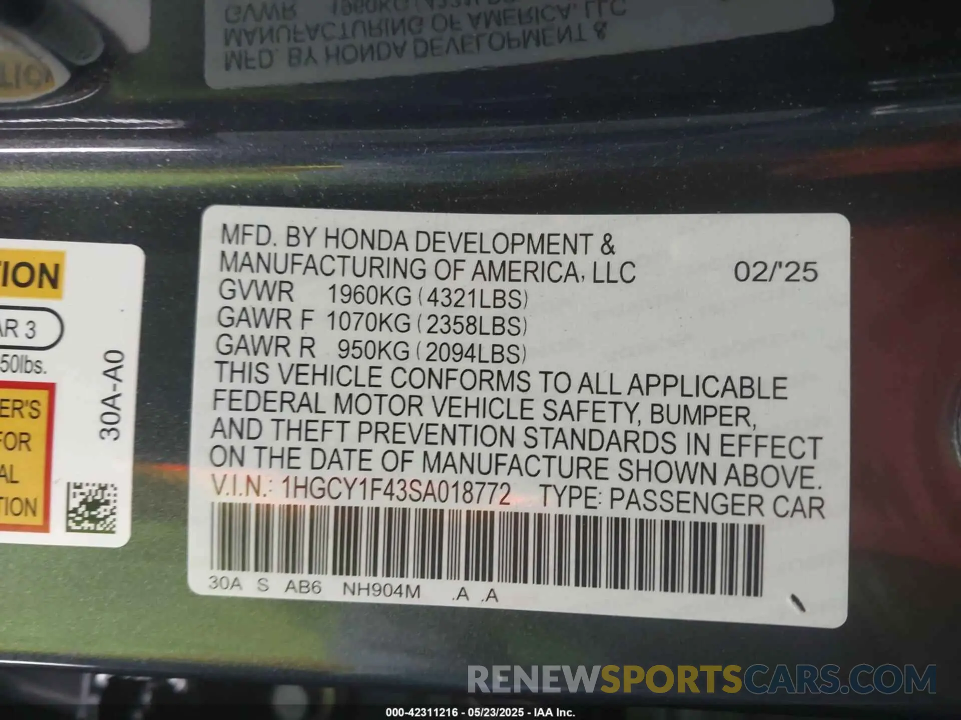 9 fotografías del automóvil dañado 1HGCY1F43SA018772 HONDA ACCORD 2025