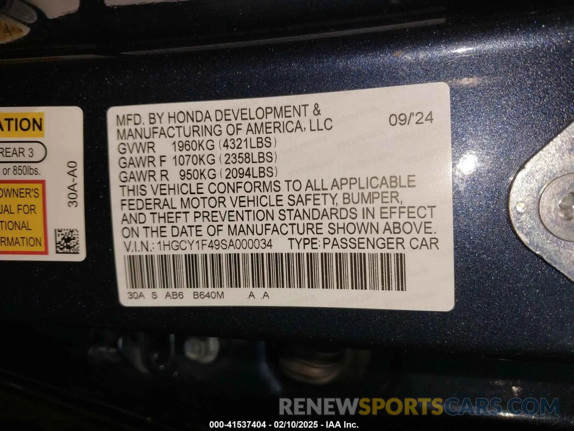 9 fotografías del automóvil dañado 1HGCY1F49SA000034 HONDA ACCORD 2025