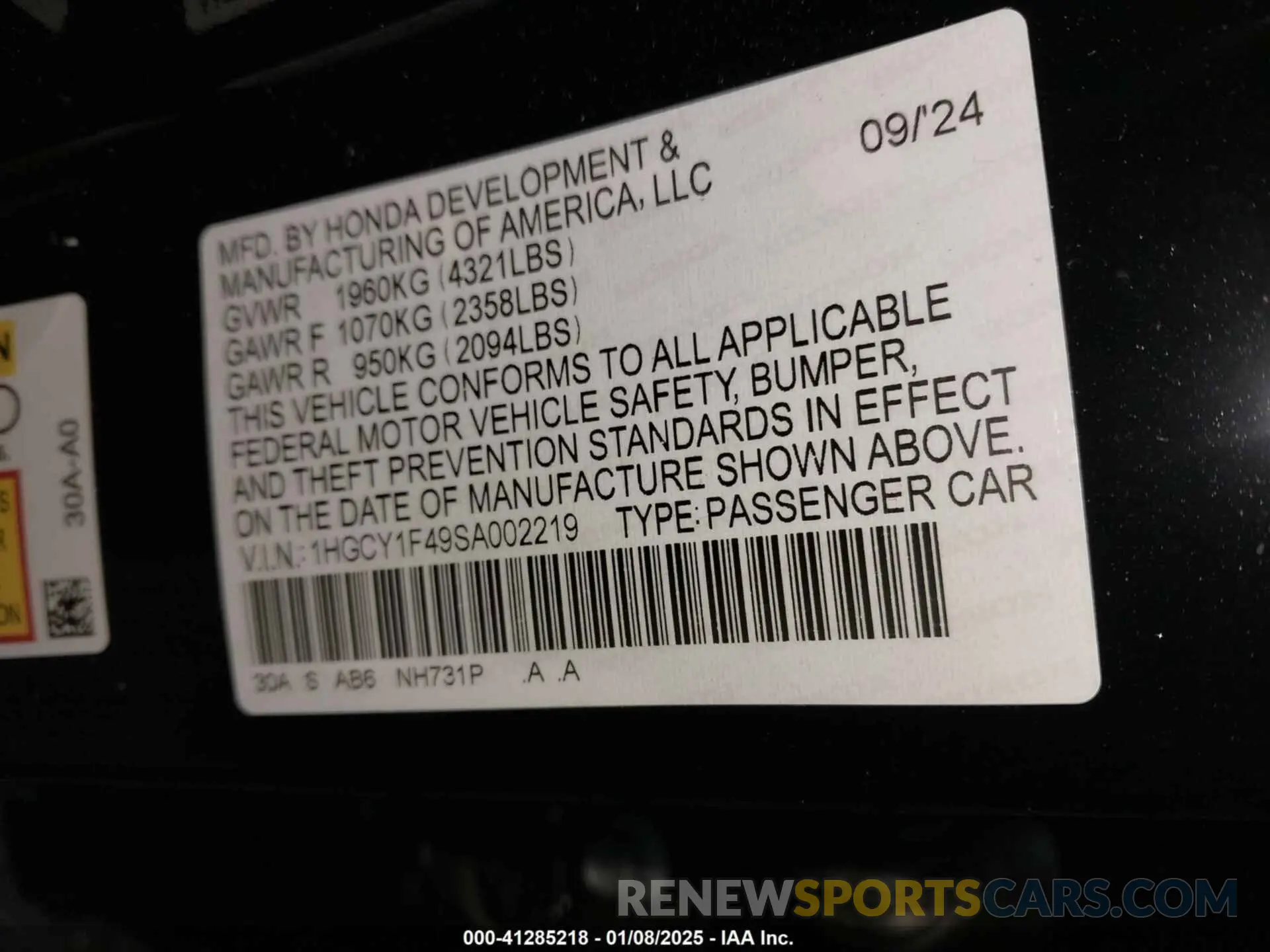 9 fotografías del automóvil dañado 1HGCY1F49SA002219 HONDA ACCORD 2025