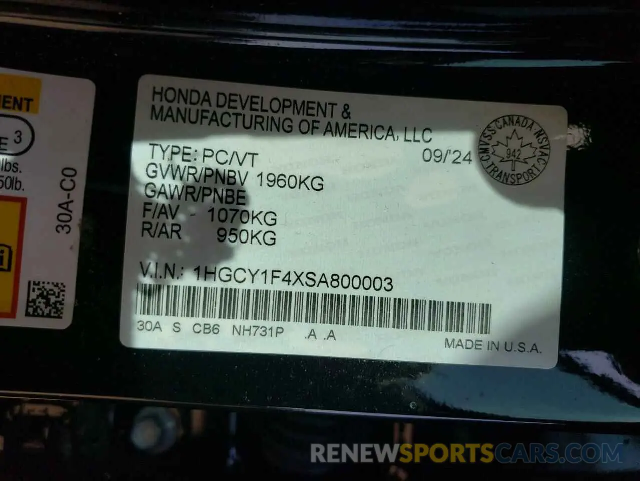 12 fotografías del automóvil dañado 1HGCY1F4XSA800003 HONDA ACCORD 2025