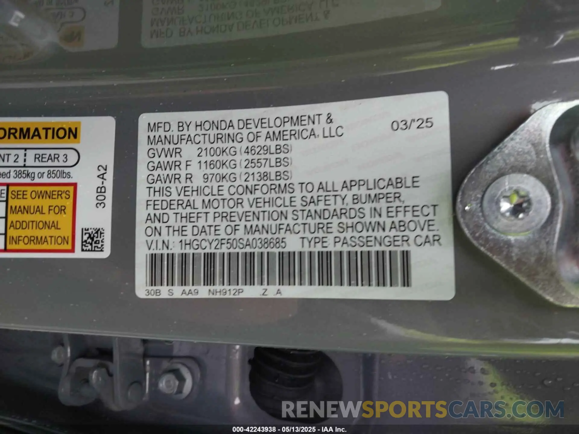 9 fotografías del automóvil dañado 1HGCY2F50SA038685 HONDA ACCORD 2025