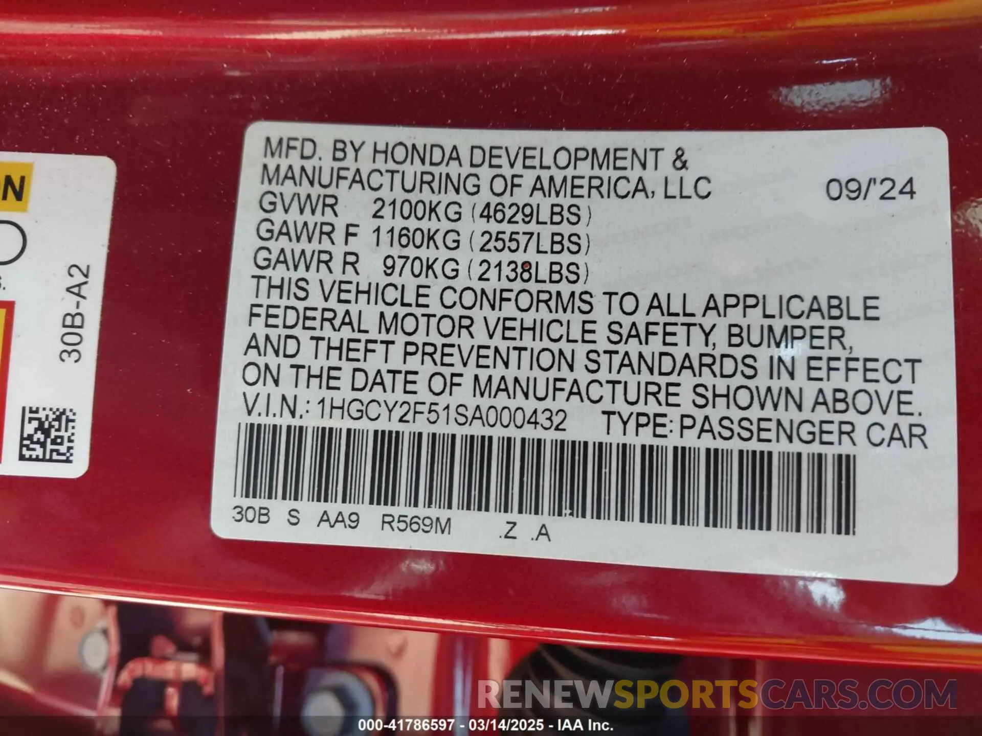 9 fotografías del automóvil dañado 1HGCY2F51SA000432 HONDA ACCORD 2025