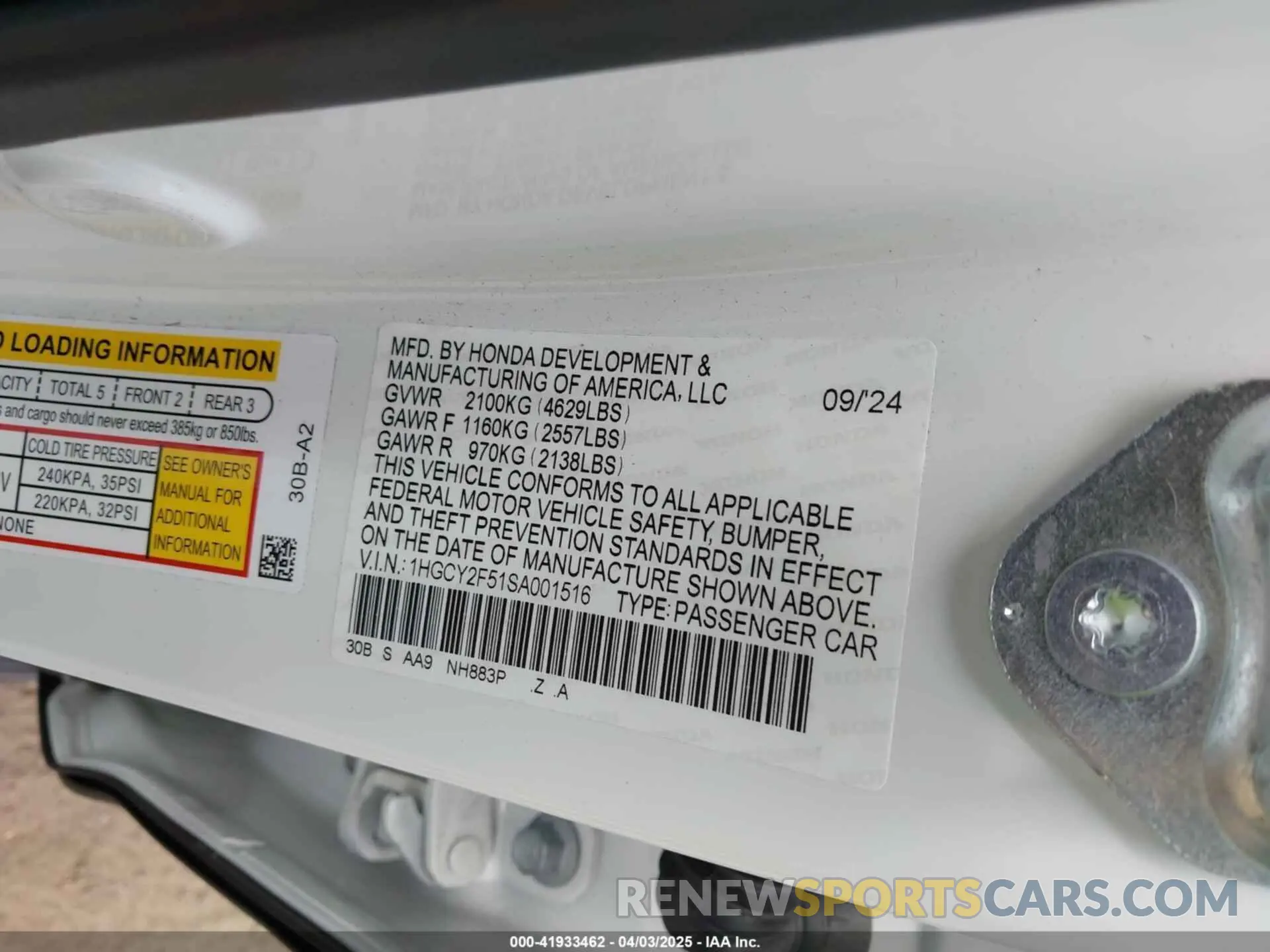 9 fotografías del automóvil dañado 1HGCY2F51SA001516 HONDA ACCORD 2025