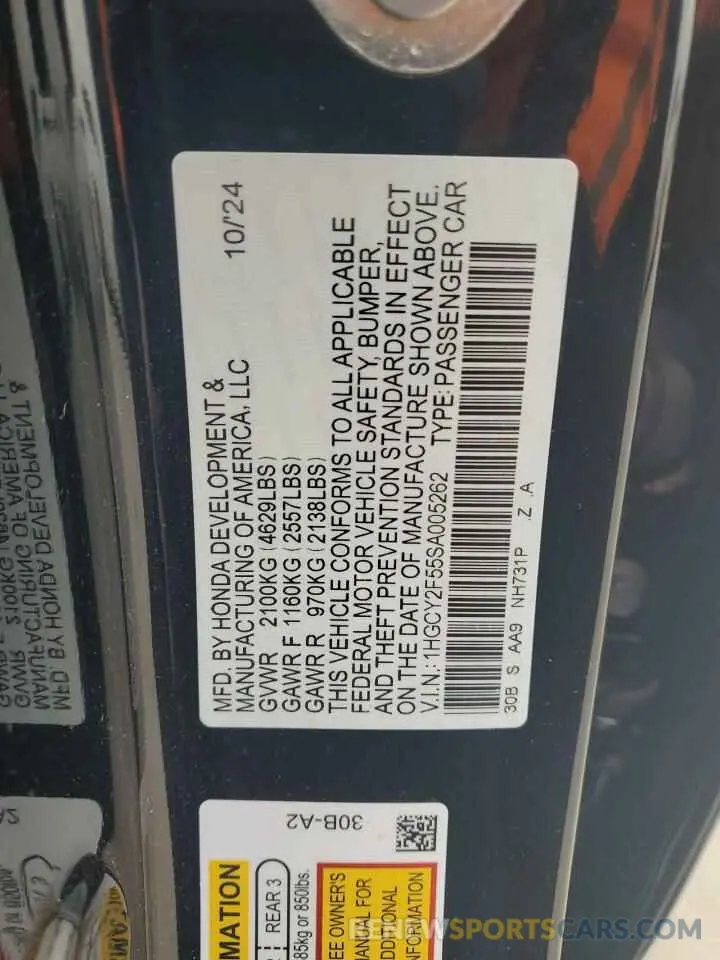 12 fotografías del automóvil dañado 1HGCY2F55SA005262 HONDA ACCORD 2025