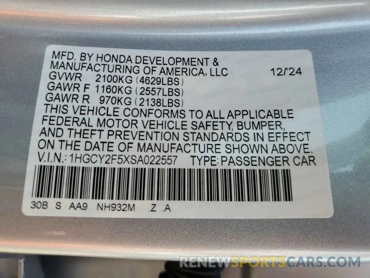 12 fotografías del automóvil dañado 1HGCY2F5XSA022557 HONDA ACCORD 2025