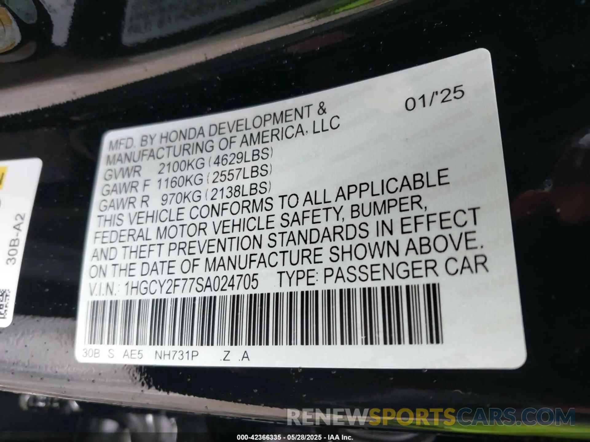 9 fotografías del automóvil dañado 1HGCY2F77SA024705 HONDA ACCORD 2025